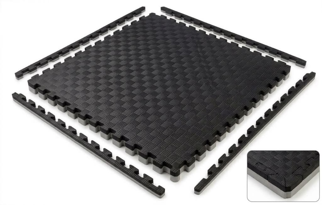 Mata PRO 4 cm z czterema listwami obrzeża oraz zbliżenie na narożnik z widoczną szarą warstwą spodnią