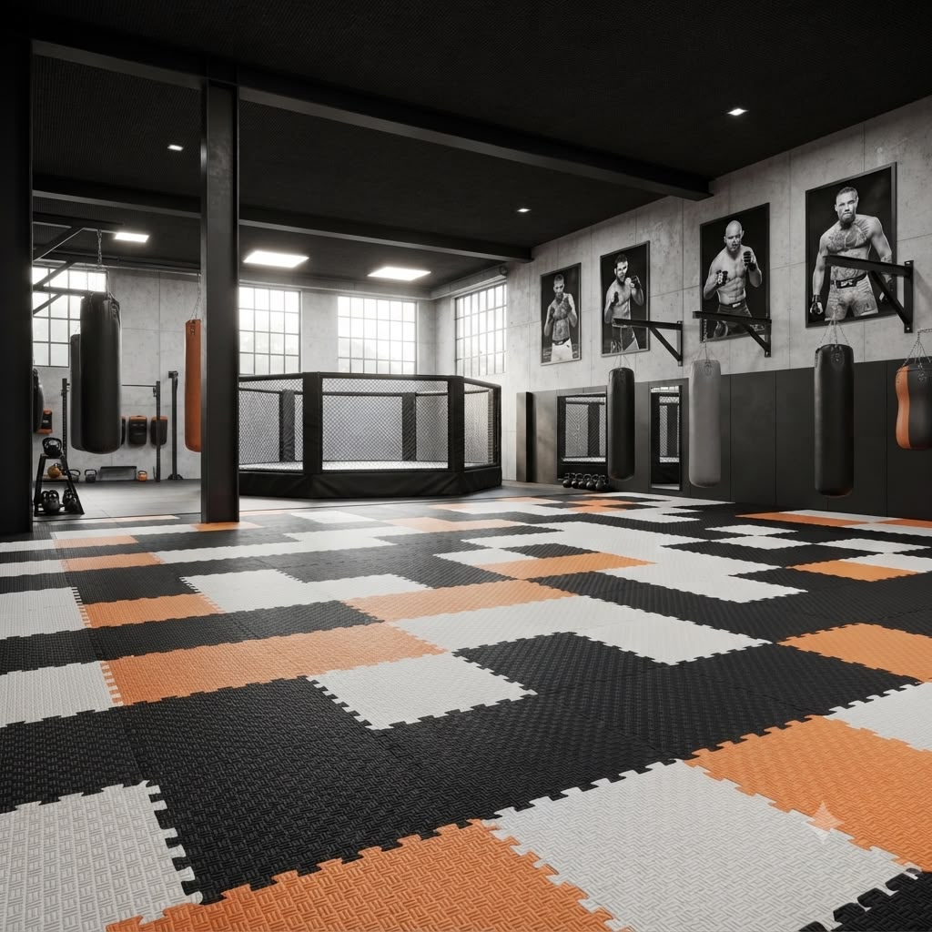 Klub MMA — nieregularny układ czarno-biały z pomarańczowymi akcentami