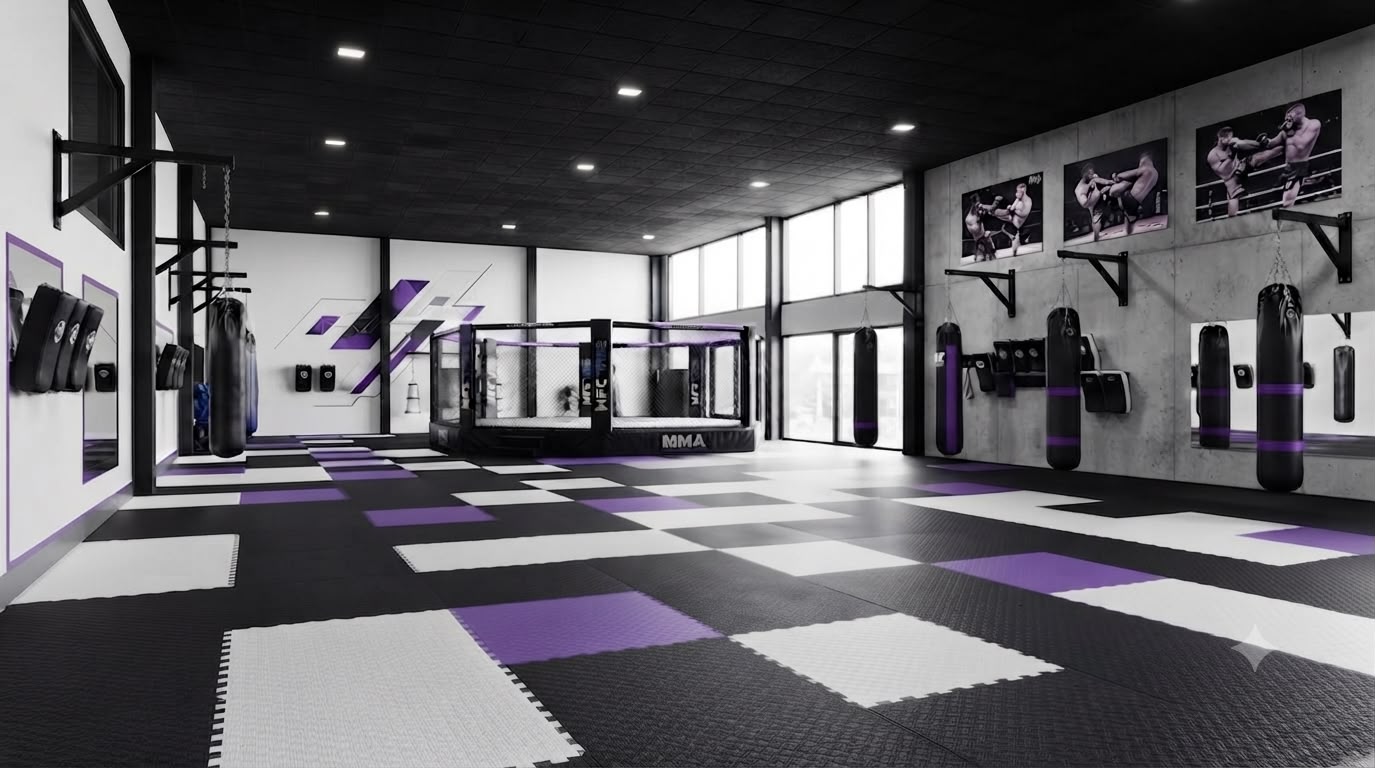 Sala MMA — nieregularny układ z fioletowymi akcentami